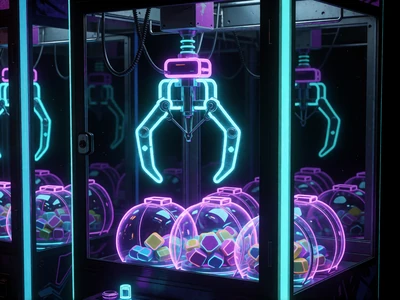 Neon-Leuchtkasten-Greifmaschine im Cyberpunk-Stil mit holografischen Preiskapseln als Roby Casino Mini-Game