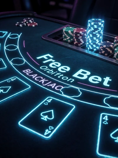 Free Bet Blackjack Tisch mit neon-blauen Karten und holografischen Chips bei Roby Casino