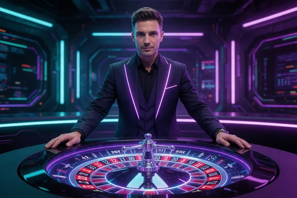Live-Dealer an holografischem Roulette-Tisch mit neon-violetter Beleuchtung bei Roby Casino Live Casino