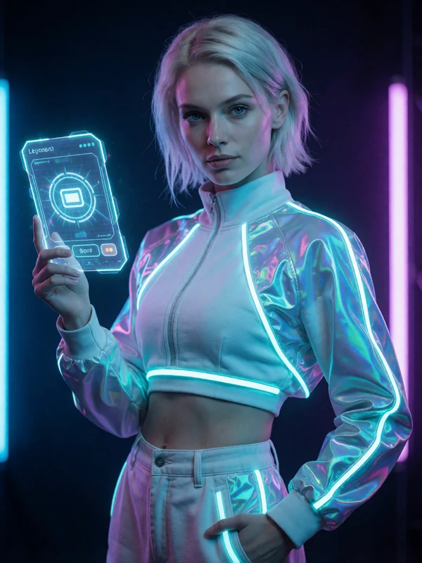Model Lena in futuristischem Tech-Casual-Outfit mit holografischem Zahlungsinterface als Roby Casino Zahlungs-Visual