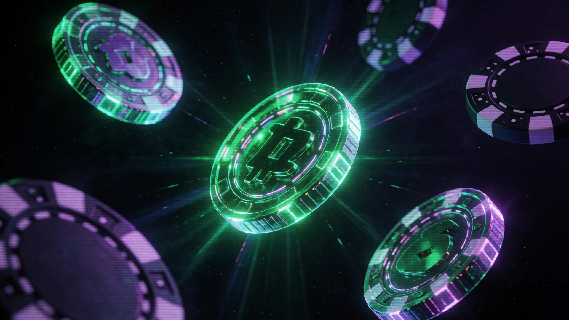 Abstrakter neon-digitaler Tresor mit schwebenden gr&uuml;nen und violetten holografischen M&uuml;nzen als Roby Casino Bonus-Hintergrund