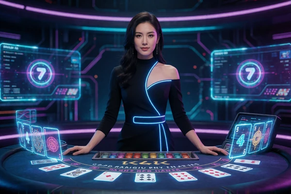 Live-Dealerin in futuristischem Blackjack-Studio mit neon-blauer Beleuchtung bei Roby Casino Live Casino