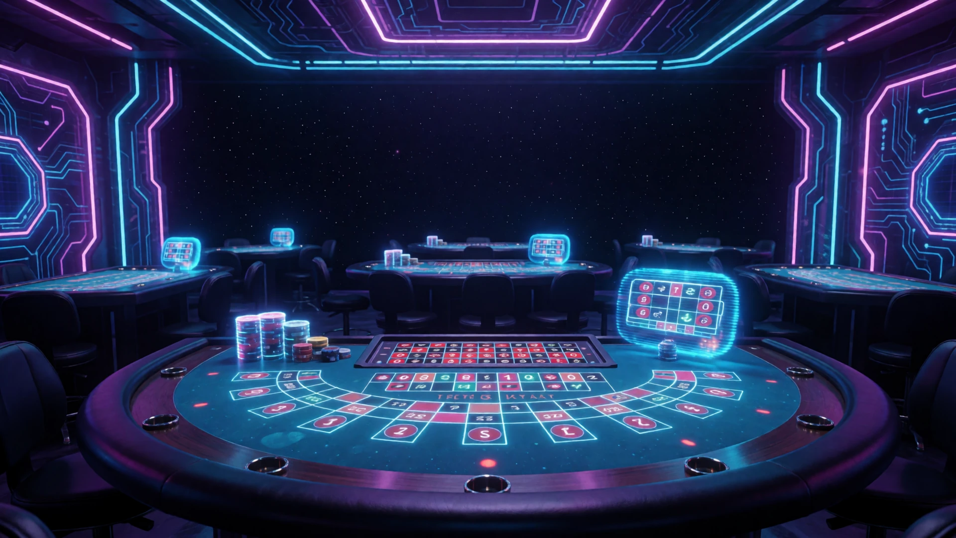Futuristische Live-Casino-Lobby mit holografischen Roulette- und Blackjack-Tischen in neon-blauer und violetter Beleuchtung bei Roby Casino