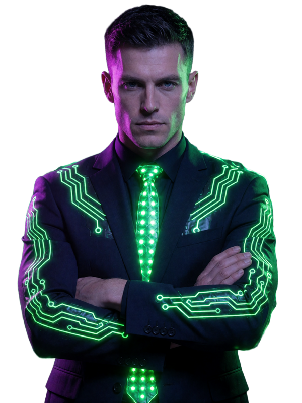 Selbstbewusstes Model Max in futuristischem dunklem Anzug mit neon-gr&uuml;n leuchtender Krawatte im Cyberpunk-Stil f&uuml;r Roby Casino Bonus-Bereich