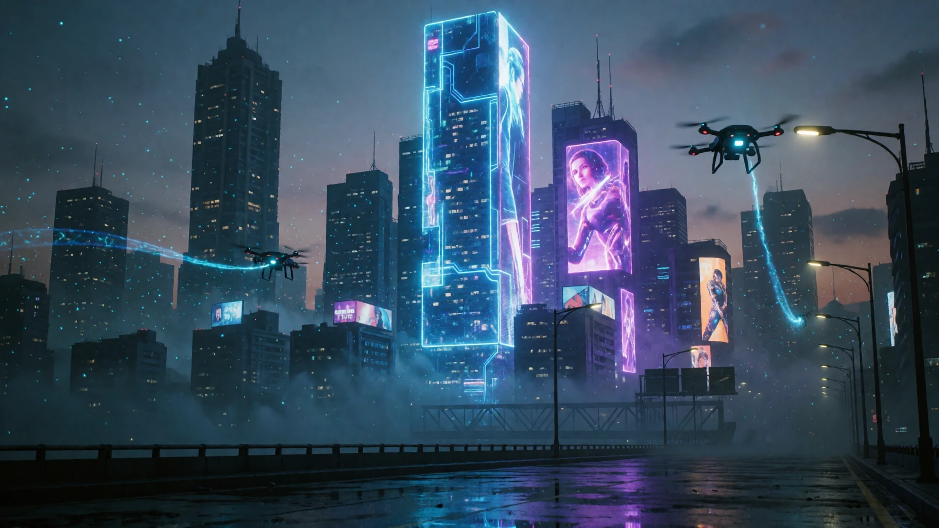 Futuristische Cyberpunk-Stadtlandschaft mit neon-blauen und violetten Hologramm-Werbetafeln als Roby Casino Hintergrund
